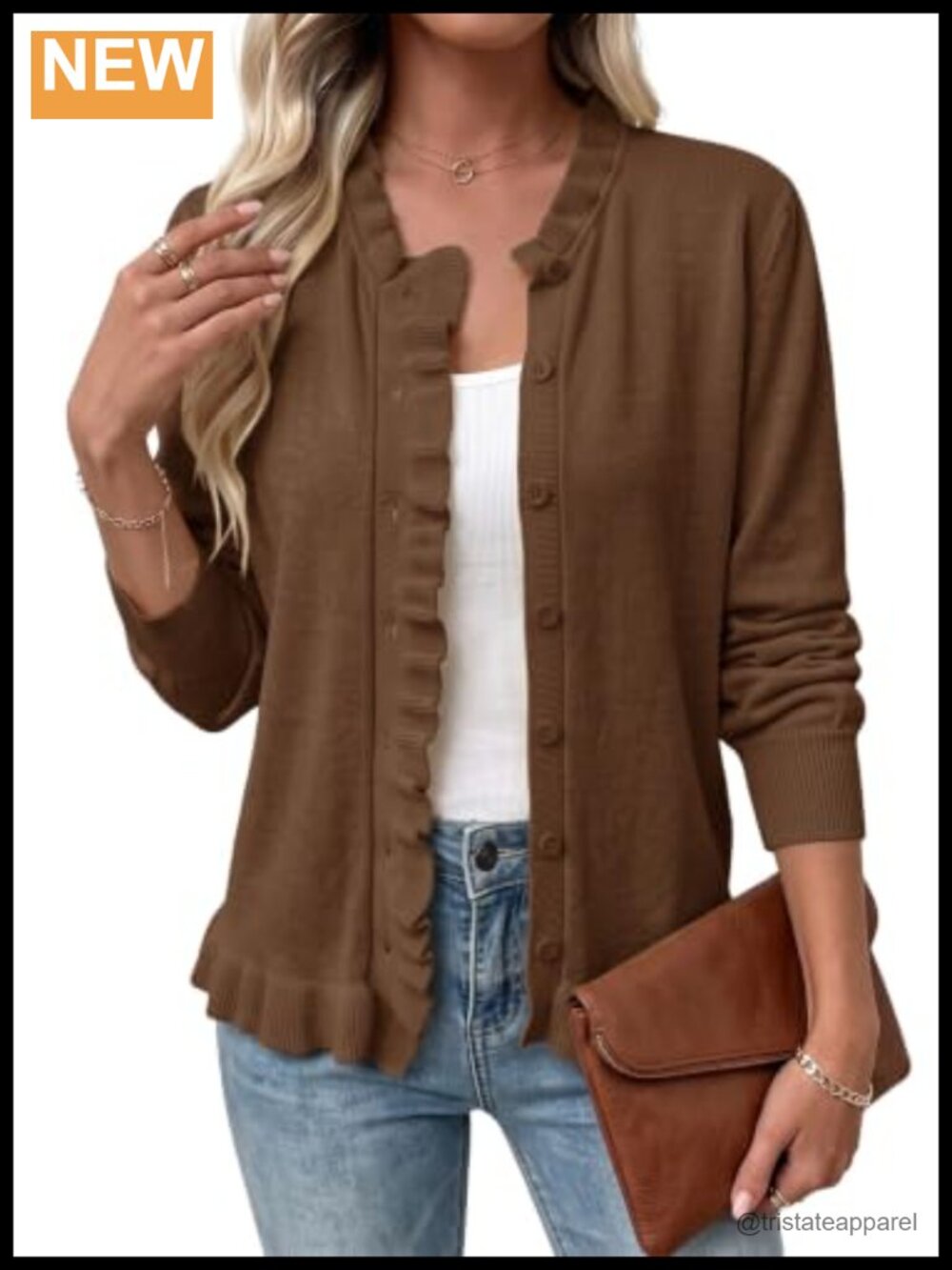 Women's Knit Ruffle Trim Button Front Lightweight Cardigan